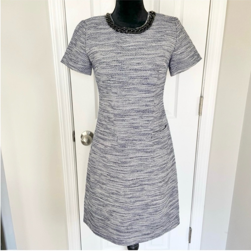 Karl Lagerfeld Navy Blue Tweed Pencil Dress Lined Short Sleeve Size 2